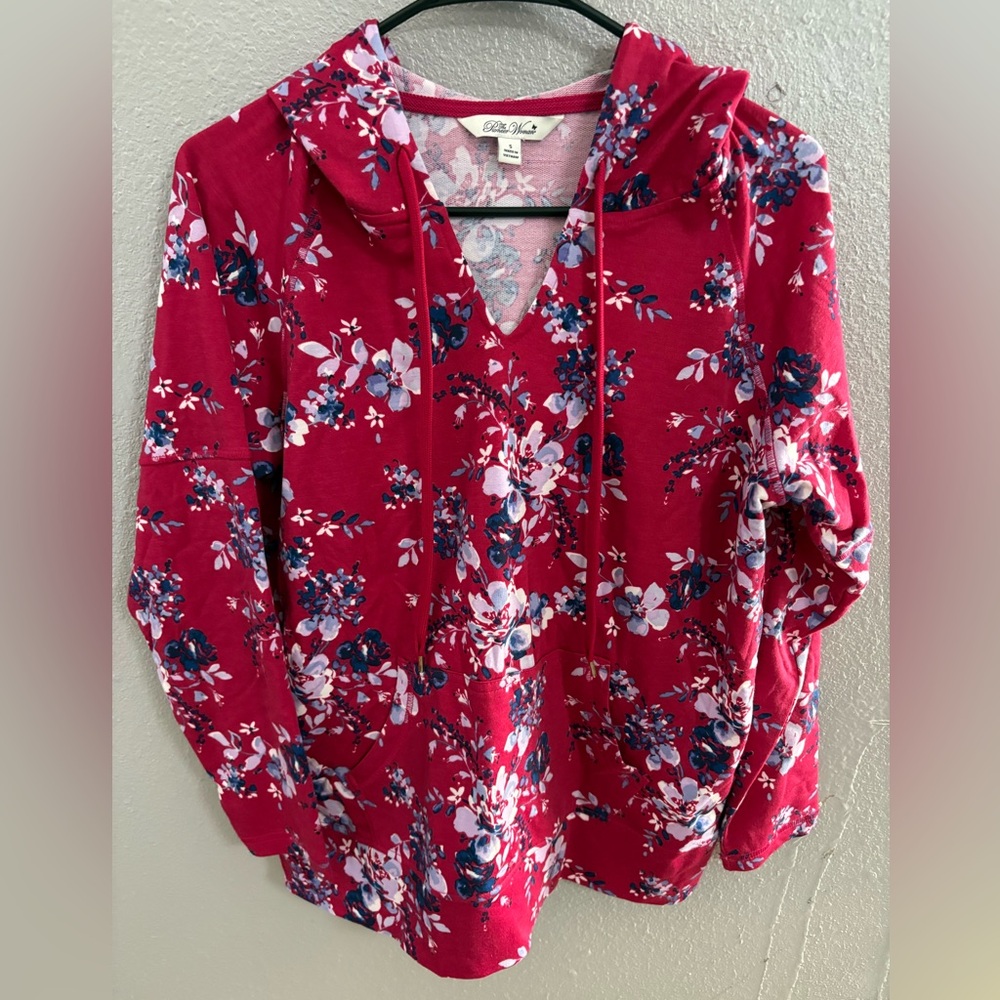 The Pioneer Woman Womens Size S (4-6) Pullover Hoodie Drawstring Floral Red